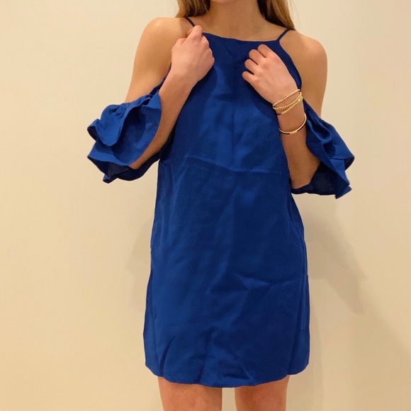 Urban outfitters cobalt blue flutter sleeve cold-shoulder dress - Picture 2 of 6
